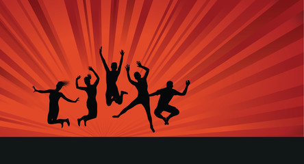 group jumping on a red background