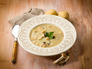 soup with chickpeas mushroom and potatoes, vegetarian food