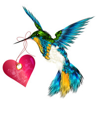 Beautiful  vector valentine card with hummingbird holding pink h © Mary fleur