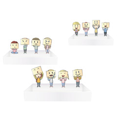 Collection of children with multiple emotions on shelves. 