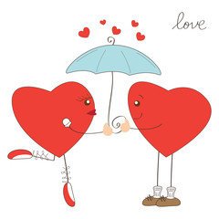 Valentine day greeting. Cute hearts under umbrella