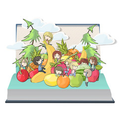 Children playing around fruits inside a book. 