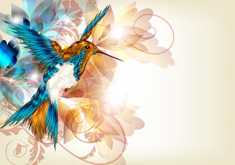 Colorful vector design with realistic  hummingbird and  floral o - obrazy, fototapety, plakaty