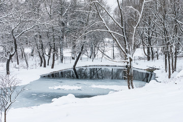 not frozen pond in winter
