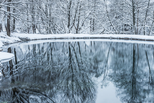 not frozen pond in winter