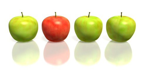 One red apple between three green apples on white background