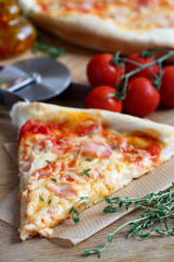 Pizza slice with tomatoes,cheese and bacon