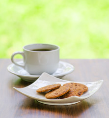 Coffee and oatmeal cookies on nature background