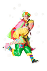 Two cheerful clowns  in the soap bubbles isolated on a white