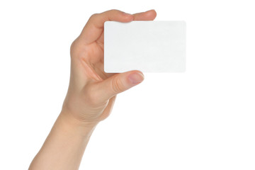 Obraz premium Hand holds charge card on white background .