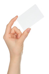 Hand holds charge card on white background .