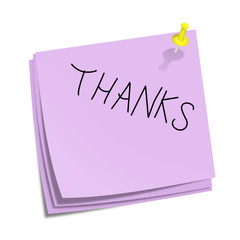 Blue stick notes with thanks text and yellow pin on white backgr