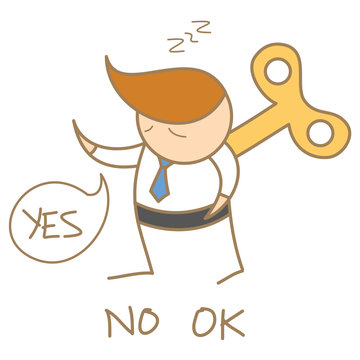 cartoon character of business man wind-up saying yes no ok