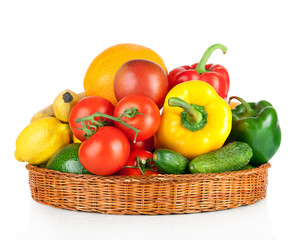 fruits and vegetables in basket isolated on a white background