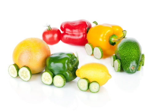 Train made of various fruit and vegetables isolated