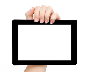 woman hand hold a tablet with isolated screen