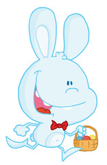 Bunny Running With Easter Eggs In A Basket