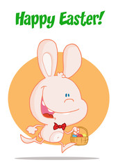 Happy Easter Greeting Over An Exited Running Pink Bunny