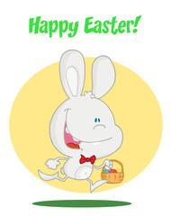 Happy Easter Greeting Over An Exited Running White Bunny