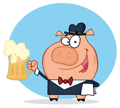 Happy Waiter Pig Waiter Holding Up A Mug Of Frothy Beer