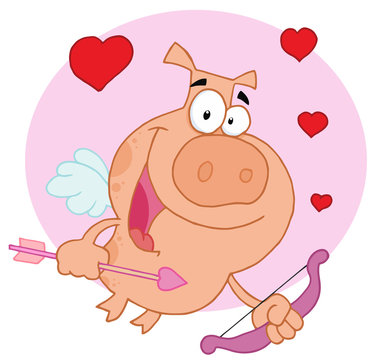 Cupid Piggy With Hearts Over A Pink Circle