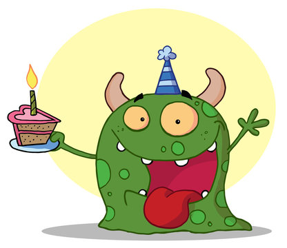 Happy Green Birthday Monster Wearing A Party Hat