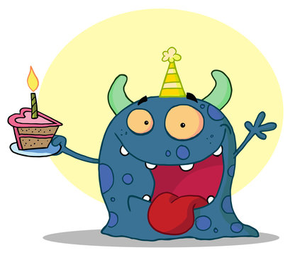Blue Birthday Monster And Holding A Slice Of Cake