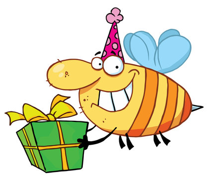 Happy Birthday Bee Wearing A Party Hat And Flying With A Gift