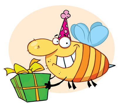Grinning Bumbe Bee With A Stinger, Wearing A Pink Party Hat