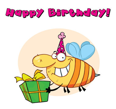 Happy Birthday Text Above A Bee And Carrying A Present