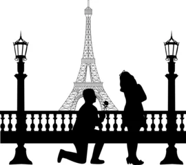 Photo sur Plexiglas Illustration Paris Un homme avec une rose devant la tour Eiffel le jour de la Saint-Valentin