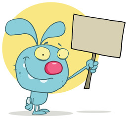 Blue Rabbit Holding Up A Blank Sign
