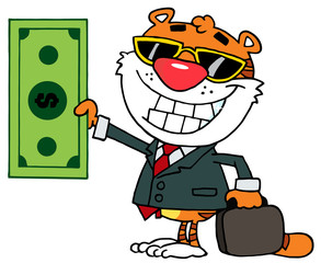 Cartoon Character Tiger Keeps Dollar And Business Briefcase