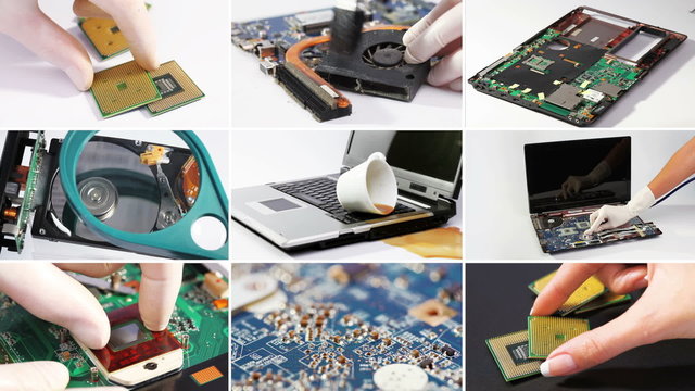 Collage of computer (laptop) hardware and components