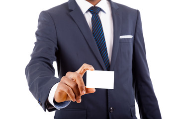 African American business man showing his business card, isolate