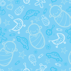 Vector baby boy blue seamless pattern background with hand drawn