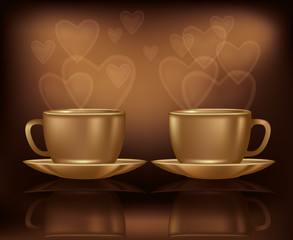 Valentines day card with two coffee and hearts