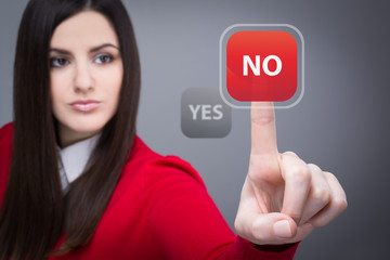 Businesswoman in red clicking no button