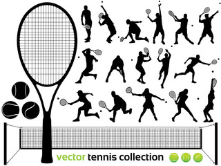 Tennis Player Silhouettes - Vector collection - men and women - female . tennis club set: Ball, racket, Illustration - obrazy, fototapety, plakaty