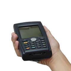 Barcode scanner operated on PocketPC isolated over white backgro