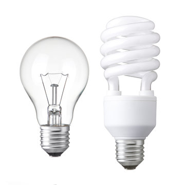 Tungsten light bulb and white energy saving bulb