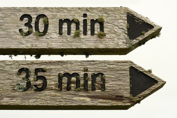 wooden route pointer with time and arrows