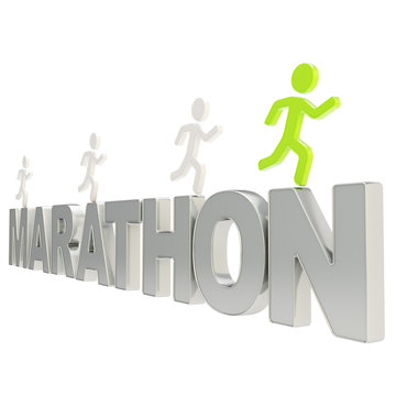 Human running symbolic figures over the word Marathon