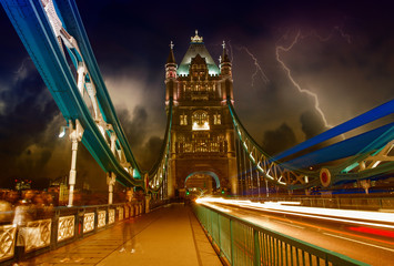 Tower Bridge at Night with car light trails - London