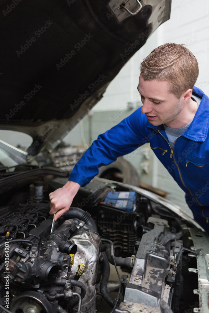 Poster car mechanic working on engine