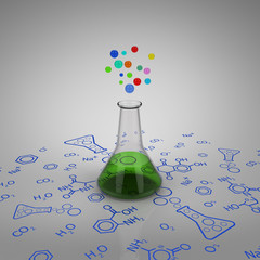 Test tube with green liquid and bubbles