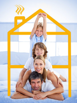 Family having fun with yellow house illustration