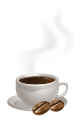 Cup of coffee plate and beans