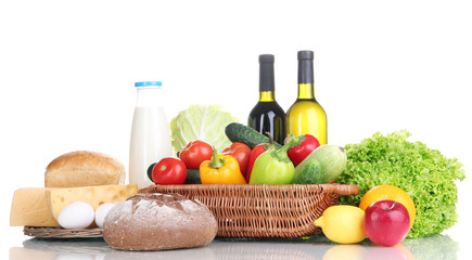 Composition with vegetables and fruits in wicker basket