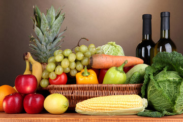 Composition with vegetables and fruits in wicker basket